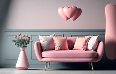  living room interior, pink, valentine's day, romance, 3d render, generative ai