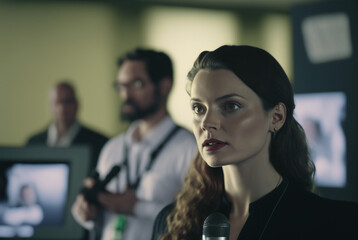 portrait of a person in a meeting, conference, news, media, reporter, generative ai