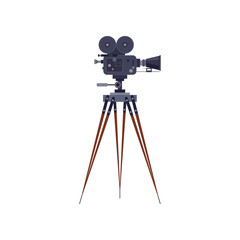 Professional camera on tripod vector illustration. Equipment for filmmaking, element of action film set isolated on white background. Cinematography, filmmaking, professions concept