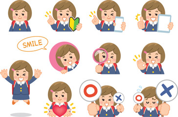 小学生の女の子バリエーション　初心者マーク　スマートフォン　タブレット　虫眼鏡　ハート
