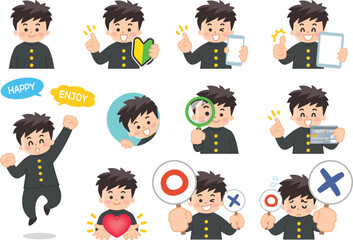 高校生の男子バリエーション　初心者マーク　スマートフォン　タブレット　虫眼鏡　クレジットカード