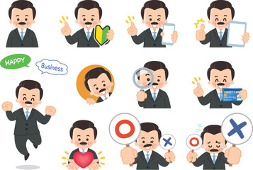 男性社長バリエーション　初心者マーク　スマートフォン　タブレット　虫眼鏡　クレジットカード　ハート