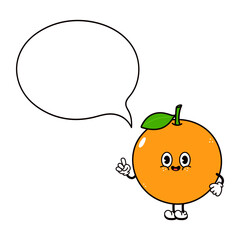 Cute funny orange fruit speech bubble character. Vector hand drawn traditional cartoon vintage, retro, kawaii character illustration icon. Isolated white background. Orange fruit character