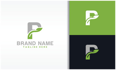 Letter P natural ecology logo with leaves