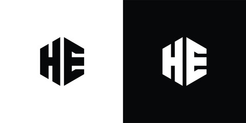 Letter H E polygon, Hexagonal minimal and professional logo design on black and white background