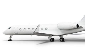 Close-up of the modern white corporate business jet isolated on transparent background