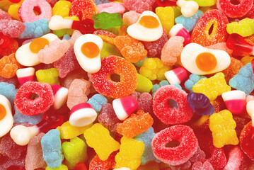 Assorted gummy candies. Top view. Jelly sweets.