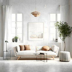Cozy modern living room interior with beige sofa and decoration room on a beige or white wall background

