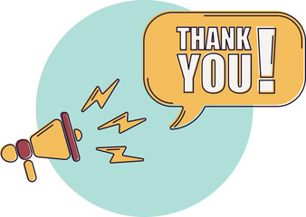 Speech bubble with megaphone, message, text thank you. Megaphone announcement with trendy color shapes. Thank you.