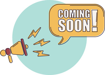 Speech bubble with megaphone, message, text coming soon. Megaphone announcement with trendy color shapes. Coming soon.