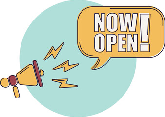 Speech bubble with megaphone, message, text now open. Megaphone announcement with trendy color shapes. Now open.