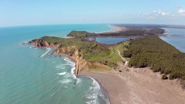 4k drone flight up footage (Ultra High Definition) of Zvernec Beach. Captivating seascape of Adriatic sea. Fantastic morning scene of Albania, Europe.