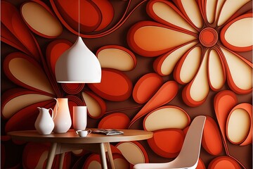  a dining room with a table and chairs and a wallpapered wall with a flower design on it and a vase on the table.  generative ai
