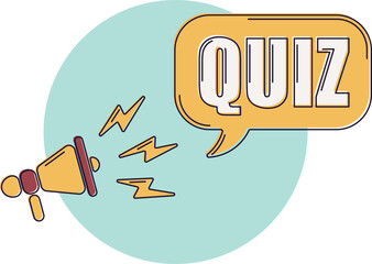 Speech bubble with megaphone, message, text quiz. Megaphone announcement with trendy color shapes. Quiz word.
