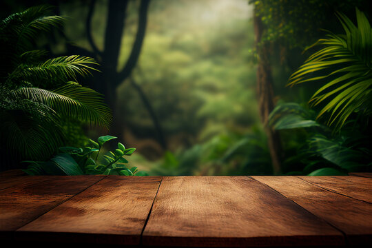 Jungle and wooden table background created with generative Ai technologies