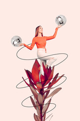 Photo creative collage poster postcard picture artwork of beautiful lady stand big flower hold two balls isolated on drawing background