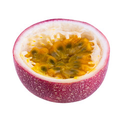 Whole passionfruit and a half of maracuya isolated on alpha background.