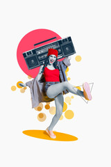 Vertical creative collage photo illustration of funny funky crazy positive girl hold boombox dancing isolated on white color background
