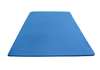 Blue rolled out yoga mat isolated on white background with clipping path - obrazy, fototapety, plakaty