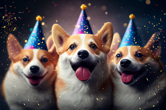Corgis in party hats created with generative Ai technology