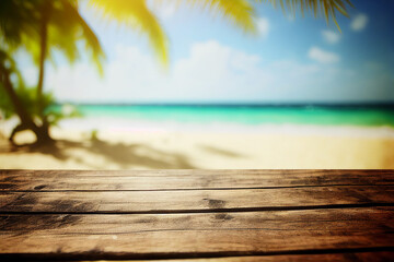 Wooden table on the beach. Created with generative Ai technology