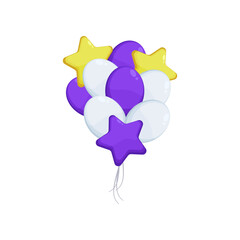 Flying purple, yellow and white balloons vector illustration. Inflatable spheres, balloons for wedding, festival or carnival isolated on white background. Decoration, celebration concept