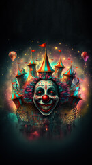 Carnival clown in bright colors in circus, Generative Ai