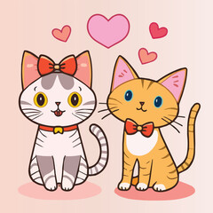 A Couple of Cat with Sign and Symbol of Love, Valentines with Heart Shape in Vector