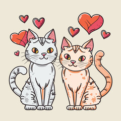 A Couple of Cat with Sign and Symbol of Love, Valentines with Heart Shape in Vector