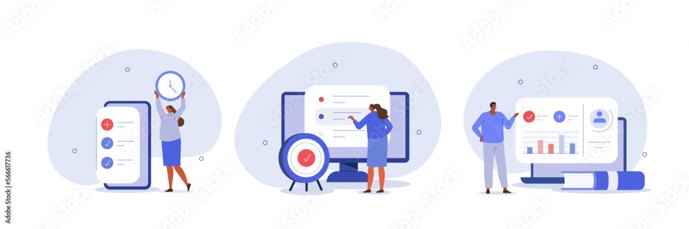 Poster performance management illustration set. characters setting goals and objectives to professional dev
