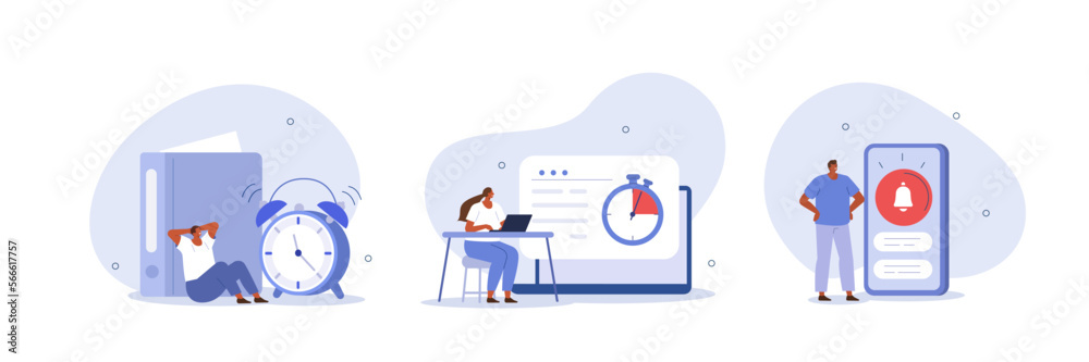 Wall mural time management illustration set. characters using time tracker, reminder and notification tools to 