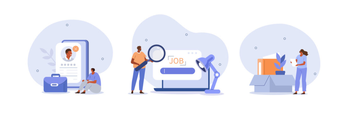 Job searching and loss illustration set. Characters getting CV rejection, being unemployed and having difficulties of searching for new job. Labor market concept. Vector illustration.