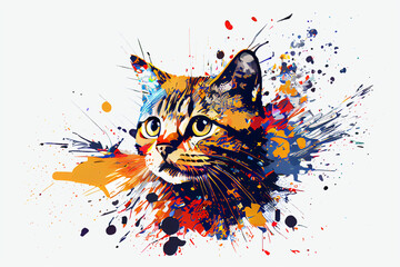 A cute kitty. A lovely picture of a pet. The cat pop art illustration is creatively painted with an explosion of colours on a white background.