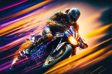 biker riding on high speed blurred motion creative light trails Generative AI