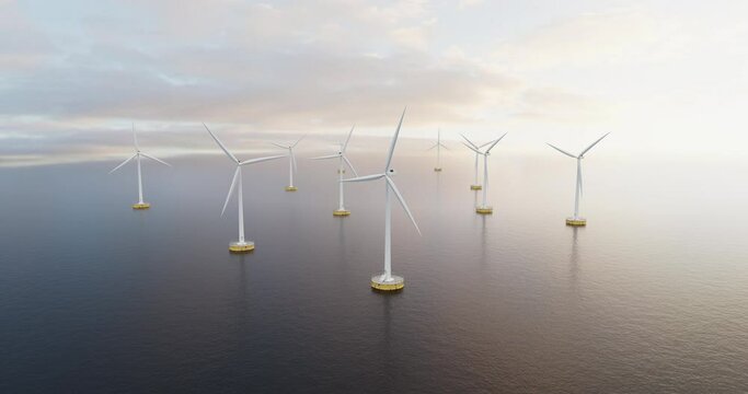 Wind turbines generating clean sustainable energy in the ocean. Technology and energy related 3d concept animation.