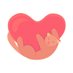 Cat hugging a stylized heart, vector illustration for Valentine's Day. Cat and love