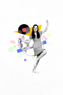 Vertical collage picture of cheerful excited black white gamma girl dancing painted vinyl records isolated on creative background