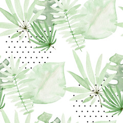 Watercolor seamless pattern with leaves. Hand drawn illustration for fabric, wrapping paper, etc