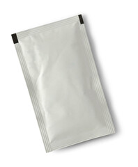 blank white sachet packet isolated, close-up of food or medicine drug packaging mockup template 