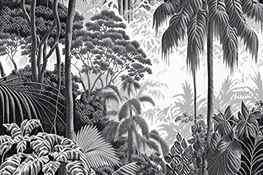 Tropical trees and leaves in foggy forest black and white wallpaper design. Generative AI illustrations.