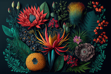 Fototapeta premium Tropical floral background. AI