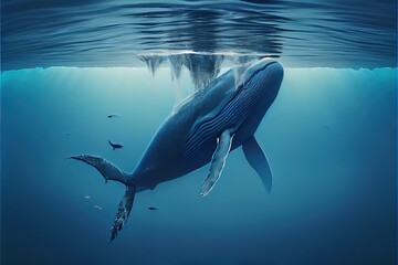 Naklejka premium Generative AI illustration of Blue whale under water, ocean