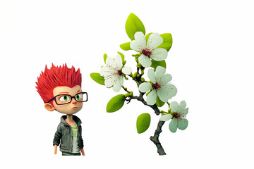 Cartoon Character with readhead and cherry blossom branch isolated on white background. Generative AI