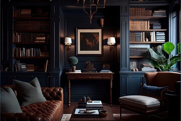 Generative AI illustration of dark denim grass cloth wallpaper with dark brown wood, mid century modern interior of gentleman study library, symmetrical,manly