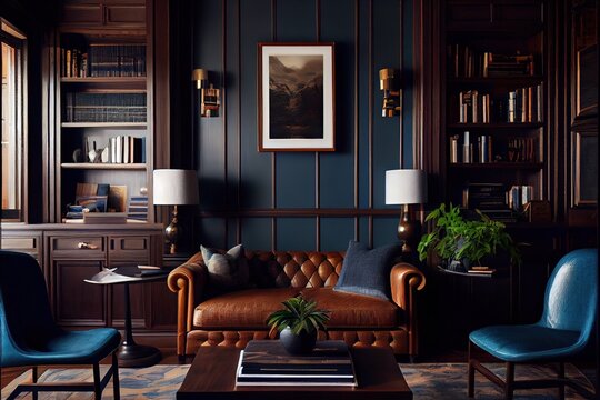 Generative AI illustration of dark denim grass cloth wallpaper with dark brown wood, mid century modern interior of gentleman study library, symmetrical,manly