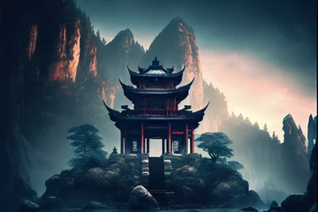 Foto op Canvas Generative AI illustration of Fantasy background with mysterious ancient Chinese temple in mountains. Digital artwork. Chinese style. Gaming and art concept. © CravenA