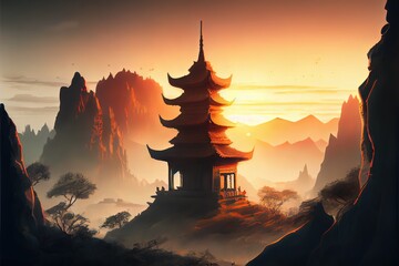 Generative AI illustration of Fantasy background with mysterious ancient Chinese temple in mountains. Digital artwork. Chinese style. Gaming and art concept. - obrazy, fototapety, plakaty