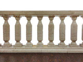 Fragment of marble stone stairs, railing, balusters, white background, isolated