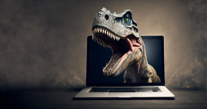 T Rex dinosaur, Tyrannosaurus rex breaking out of a laptop . Big aggressive dino is coming out of the computer very aggressive with mouth open and sharp teeth showing . Generative ai