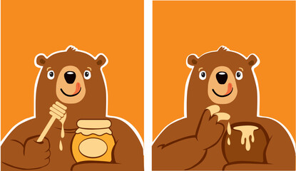 cartoon funny bear holding honey sticks with honey and jar of honey 